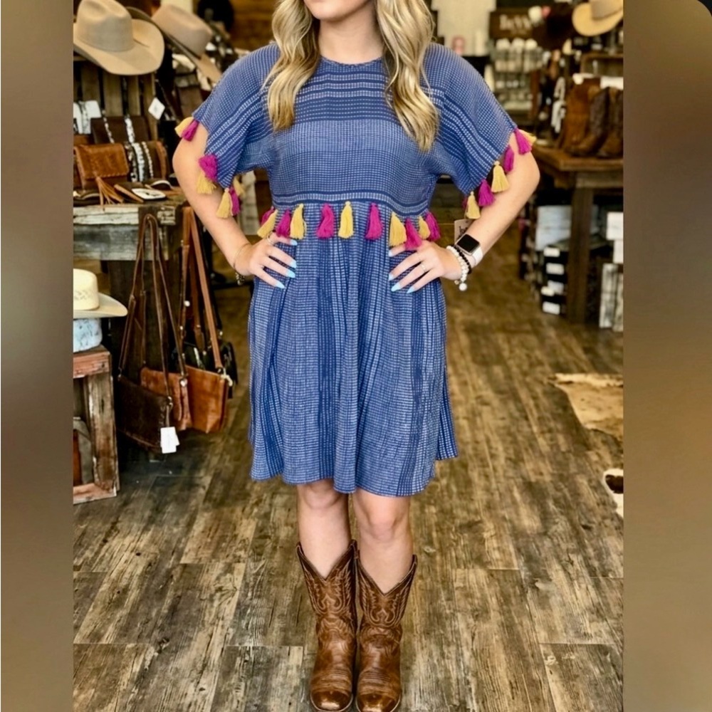Tassel Chambray Western Ranch Midi Dress Sz Small
